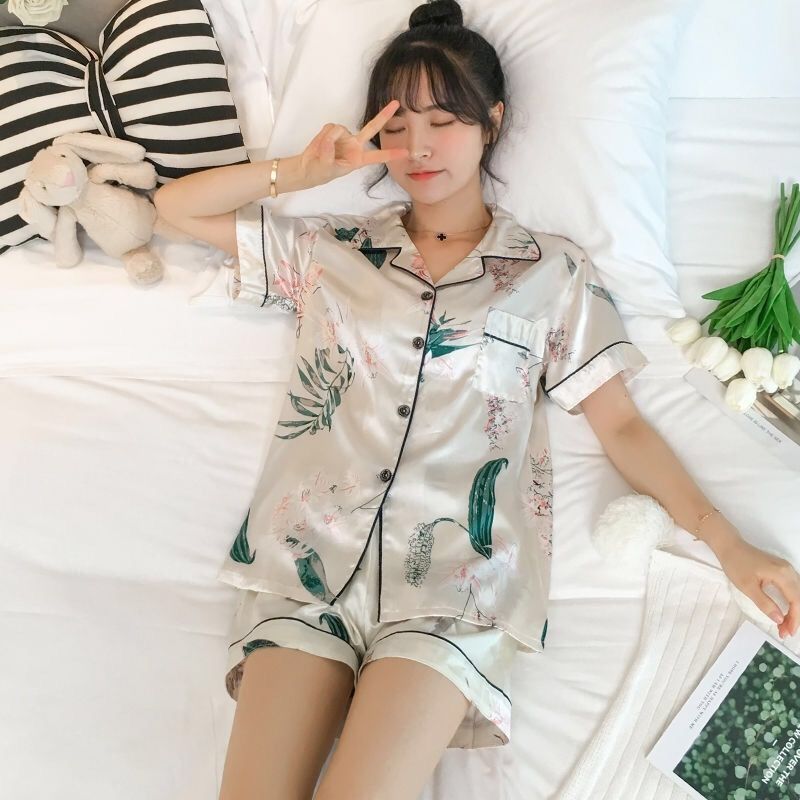 Lovers' pajamas female summer men's pajamas short sleeve cartoon silk net red style can wear comfortable home suit