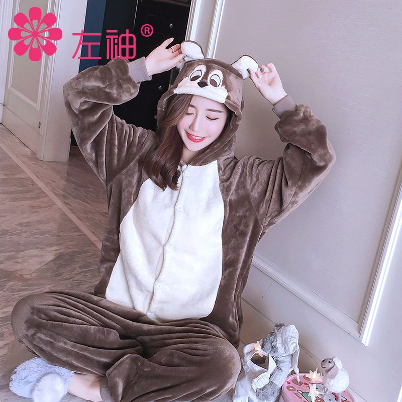 Green dinosaur cartoon one-piece pajamas female autumn and Winter Animal suit lovers students lovely home wear thickened flannel