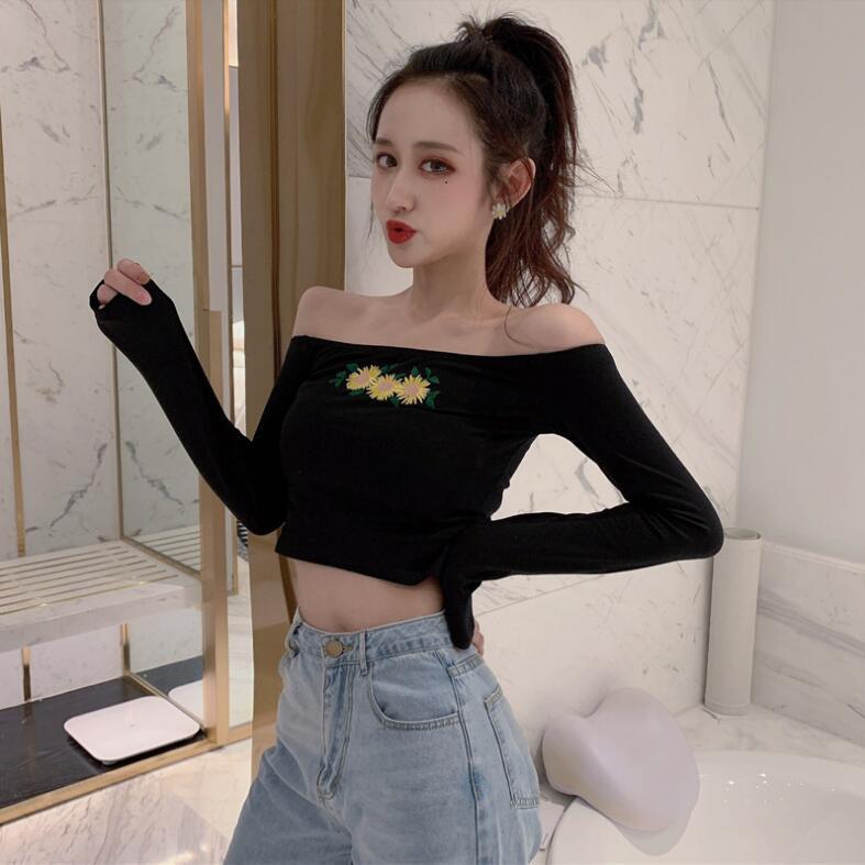 Spring and autumn inner sexy one-shoulder off-shoulder top ladies live broadcast short high waist navel bottoming bottoming T-shirt winter