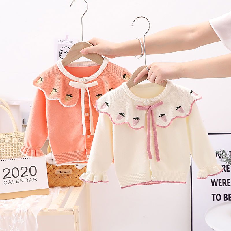 女童针织开衫洋气草莓翻领2022新款宝宝秋装婴幼儿童毛衣外套潮