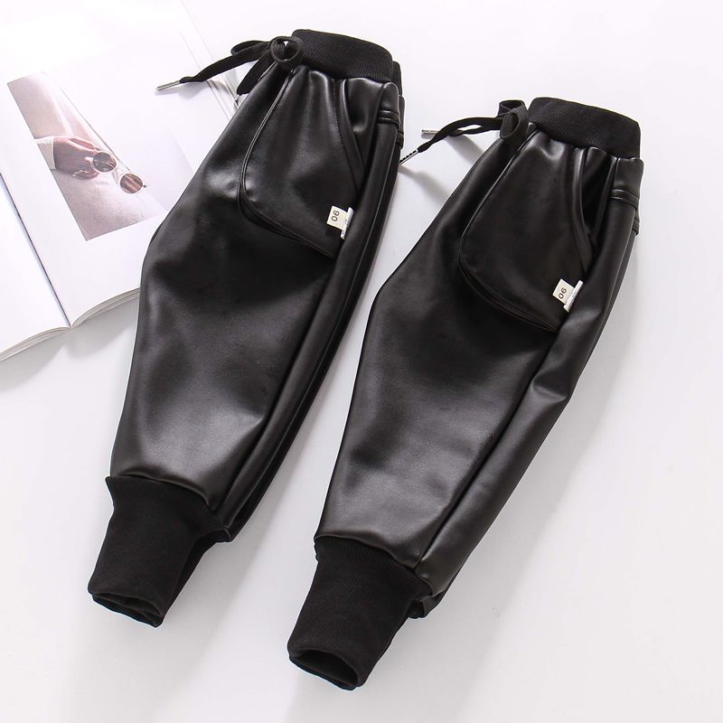 Children's pants children's leather pants with velvet and thickened one-piece velvet winter boys' leather pants for small and medium-sized girls baby leather pants with velvet tide