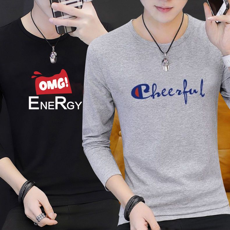 Autumn and winter men's long sleeve T-shirt round neck casual T-shirt slim bottoming Shirt Youth Student print thickened top man
