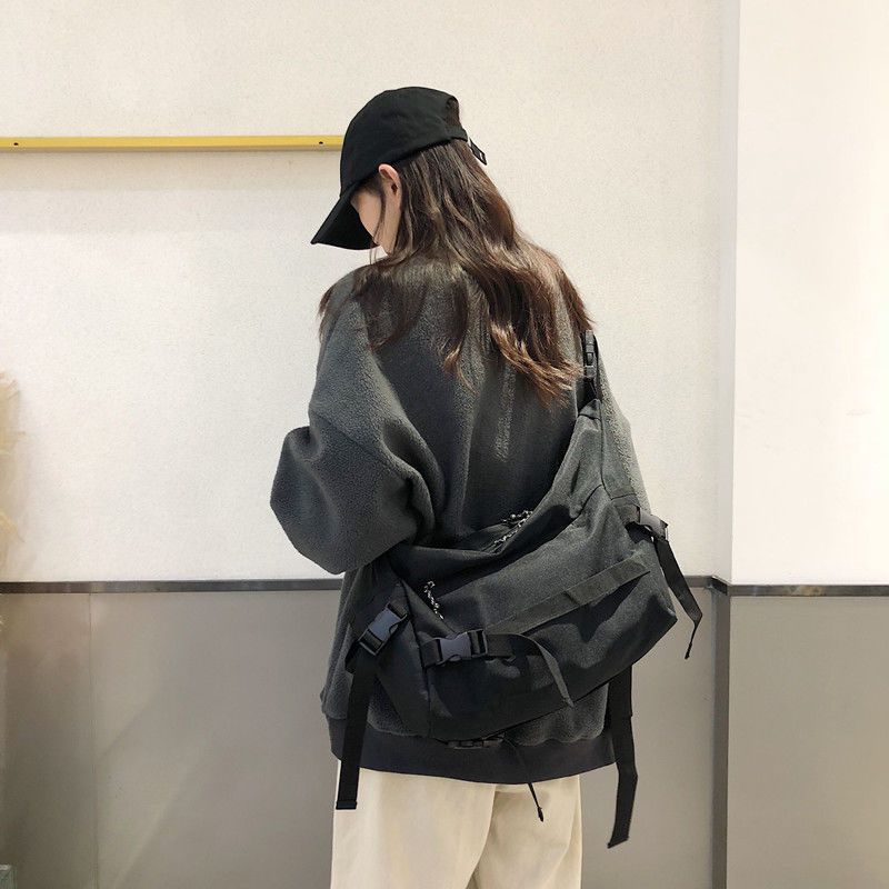 ins日系原宿暗黑風機能工裝帆布包女韓國百搭純色學生單肩斜挎包