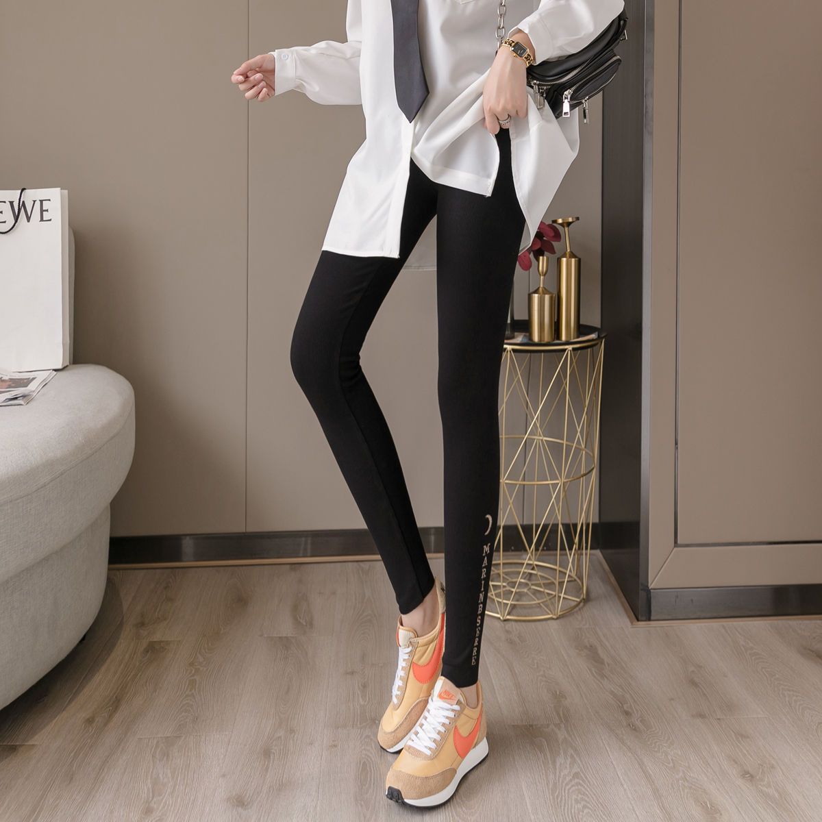 2023 new leggings women's outerwear gray thin threaded pants vertical stripes spring and autumn winter high waist tight large size
