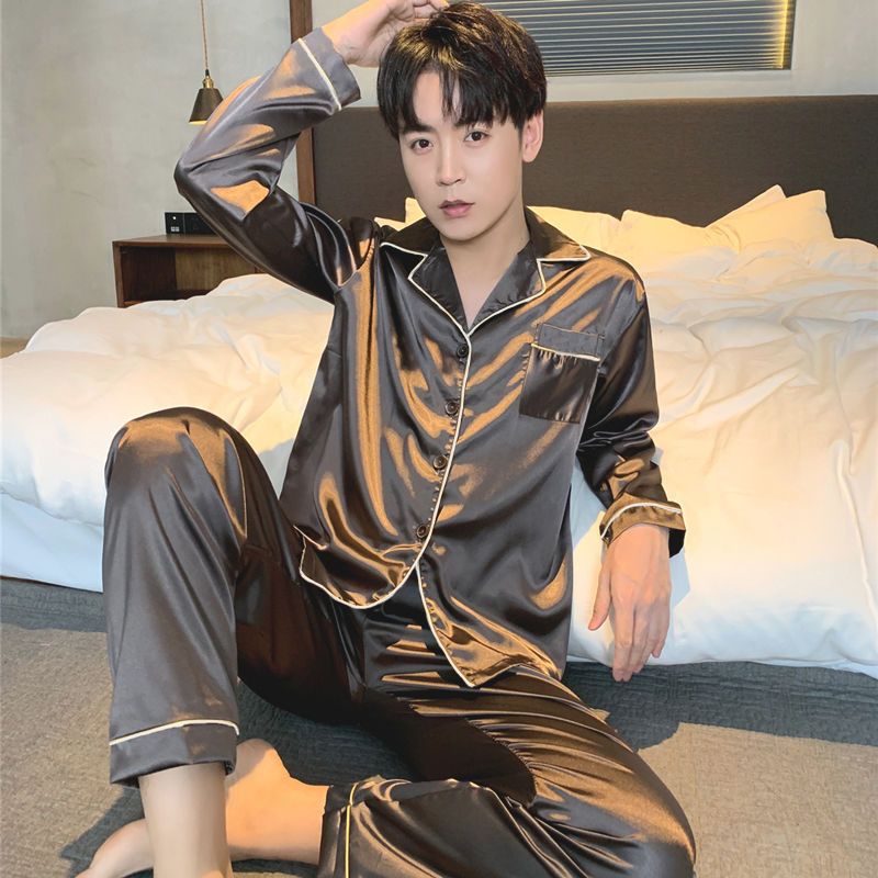 Men's pajamas ice silk spring autumn long sleeve pants thin loose plus large size home wear summer two piece suit