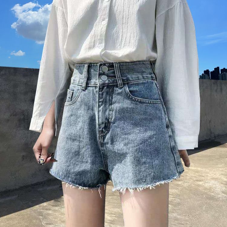 Double button denim shorts women's summer new style wear Korean high waist show thin loose fit A-line wide leg hot pants fashion