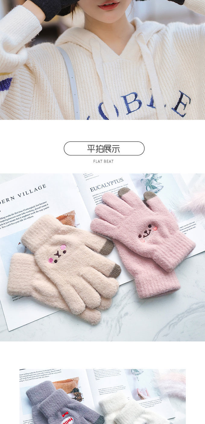 手套女冬季学生韩版可爱加绒加厚保暖骑车五指触屏棉手套冬天防寒