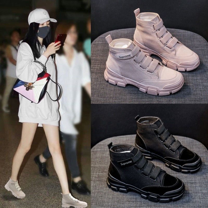 帆布鞋女2021春季新款馬丁靴女英倫風百搭厚底高幫鞋女魔術貼短靴