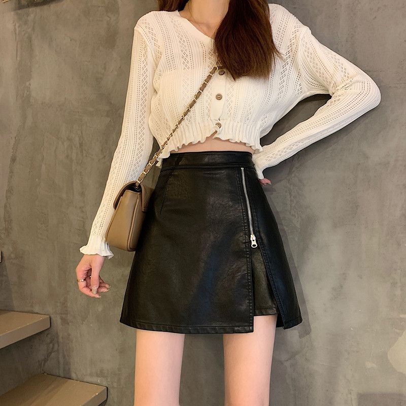 2022 spring new skirt high waist thin PU leather skirt A-line skirt versatile ins short skirt Korean Hip Wrap Skirt women
