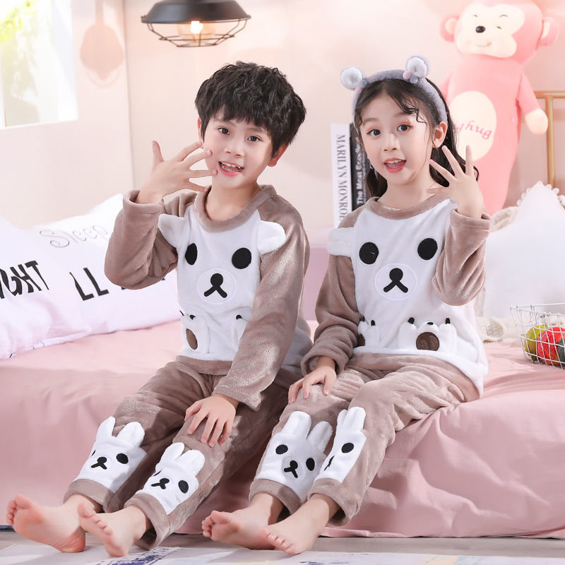 Children's pajamas men's autumn and winter flannel cartoon pajamas boys and girls flannel children's thickened home suit