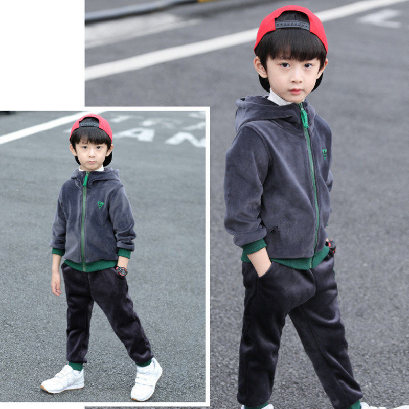 Children's wear boys' two-piece double-sided velvet set children's Korean hooded Plush sweater 2020 new autumn and winter baby