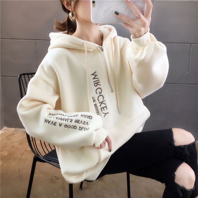 [no pilling] new style cashmere thickened hooded sweater women's loose large size students' ins zipper coat in autumn and winter