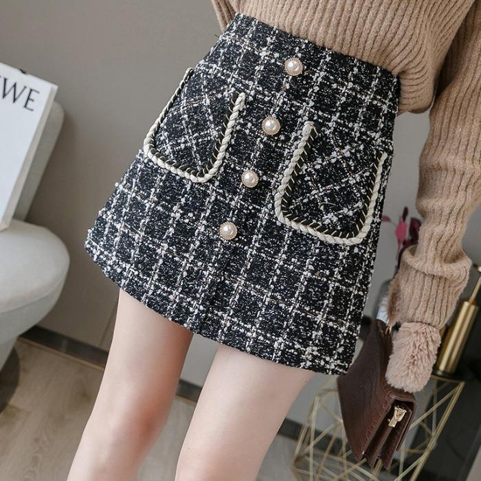 2020 new autumn / winter small fragrant fur plaid skirt with A-line skirt