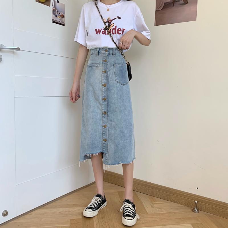 中長款不規則牛仔裙女秋冬大碼胖mm高腰寬鬆顯瘦包臀a字半身裙子