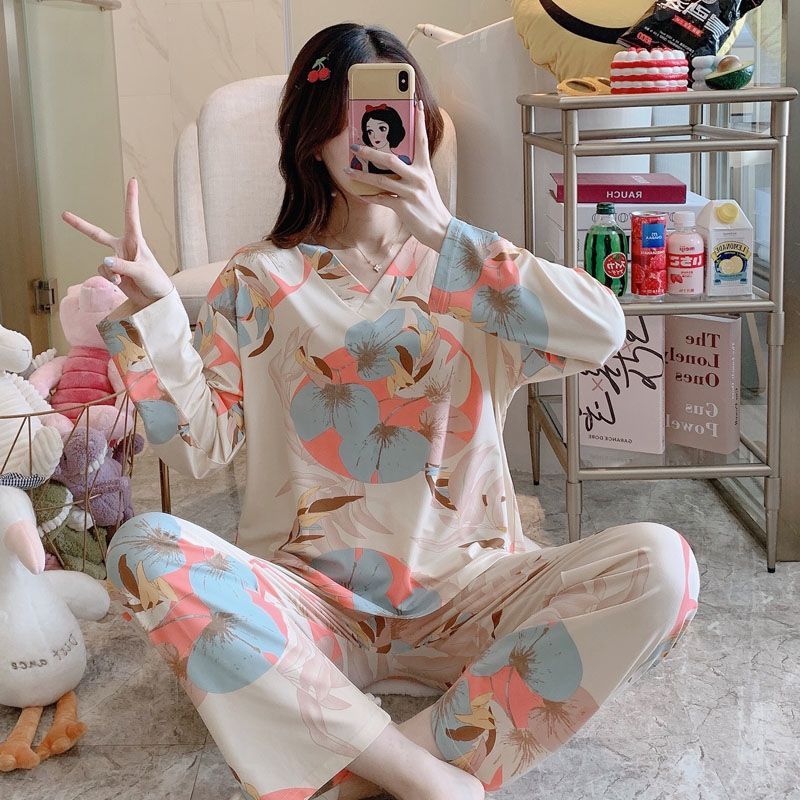 Women's pajamas spring and autumn long-sleeved trousers V-neck Korean version sweet ladies leisure winter and summer can be worn outside home service suit
