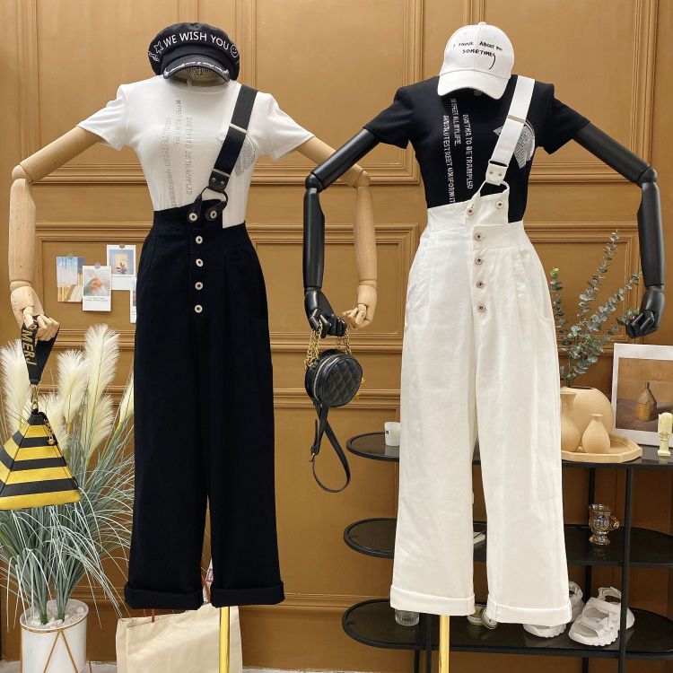 Summer 2020 new Korean one shoulder work clothes shoulder belt pants women's personalized fashion casual pants foreign style age reducing loose pants