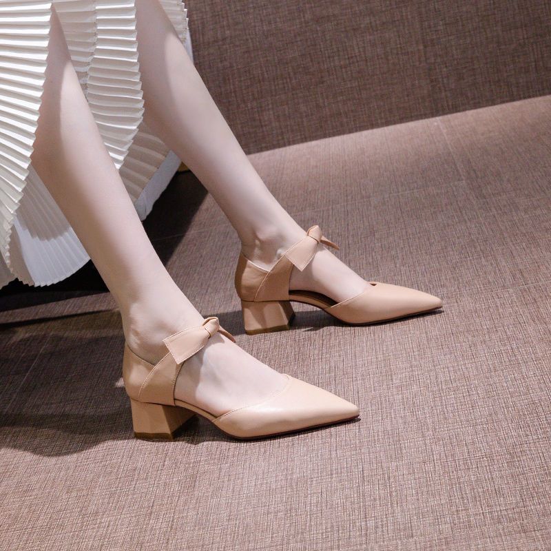 Women's shoes 2020 new fashion pointed head hollow bow 5cm high heels female students thick heel sexy fashion single shoes