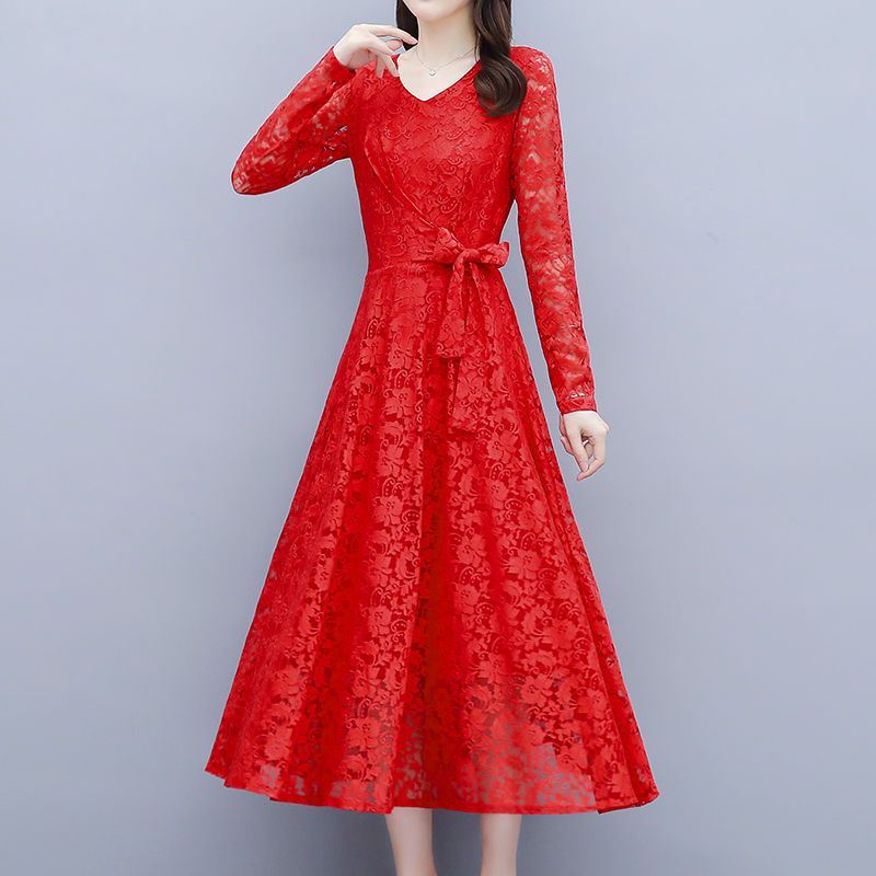 125801-春秋连衣裙2021新款气质显瘦大码长袖打底长裙女士红色蕾丝连衣裙-详情图