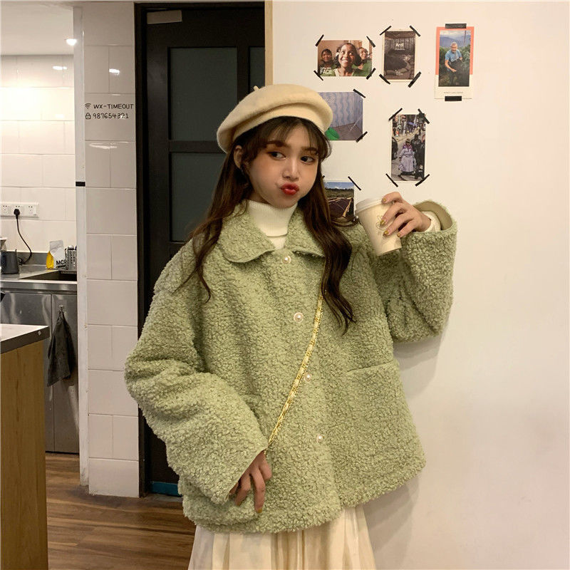 2020 new winter Korean version ins loose polo collar imitation lamb fleece long sleeve sweater women's cashmere coat fashion