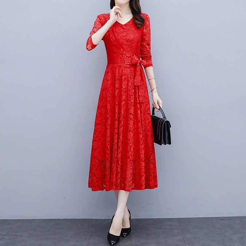 125801-春秋连衣裙2021新款气质显瘦大码长袖打底长裙女士红色蕾丝连衣裙-详情图