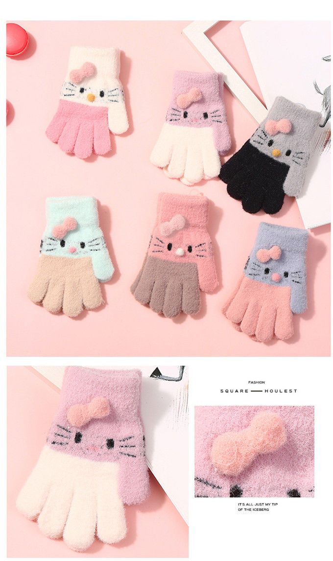 儿童手套女冬可爱韩版卡通加厚五指保暖学生加绒针织半指手套冬季wy