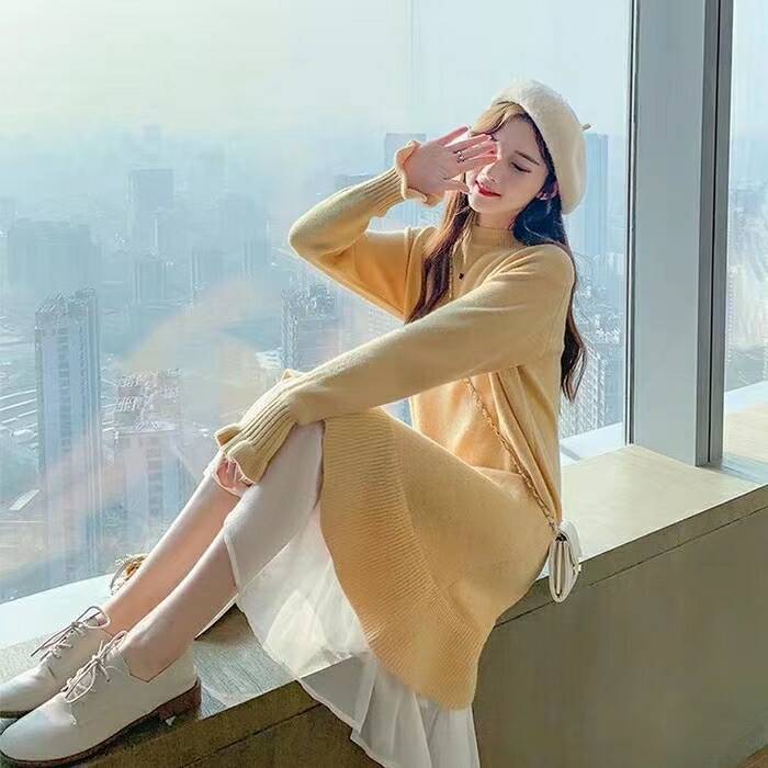 Thickened breastfeeding clothes go out mid-length sweater over the knee postpartum nursing clothes autumn and winter new loose knitted dress