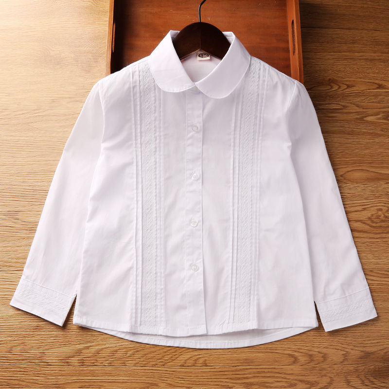 Girls' shirts pure white shirts spring and autumn long-sleeved tops school uniforms for primary school students pure cotton children's Korean version loose shirts