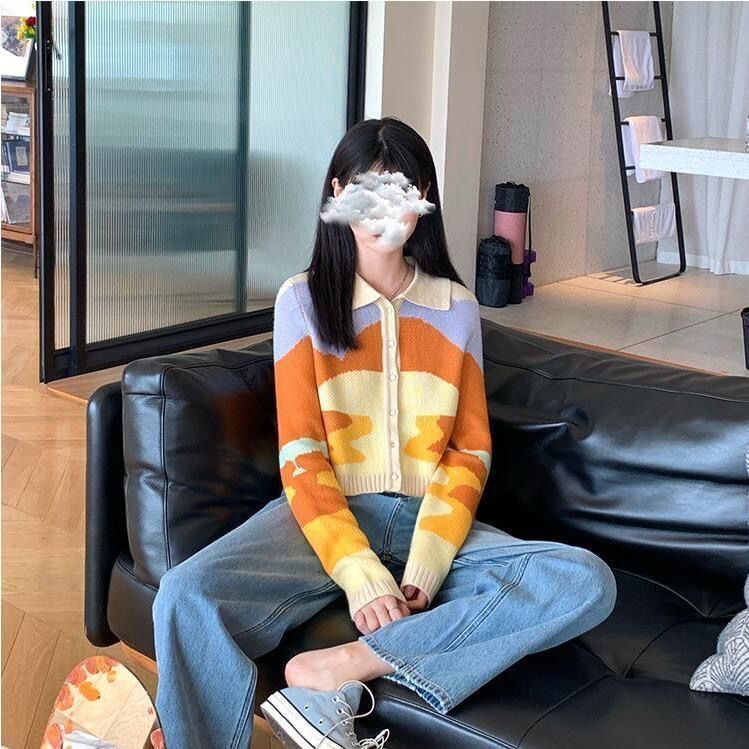 Sunset oil painting ins ultra fire retro versatile color contrast Sweater Cardigan Jacket Women's T-shirt Polo jacket