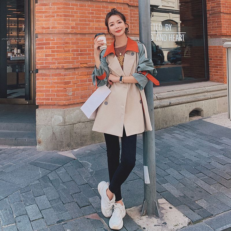 Windbreaker women's long British style fall 2020 new style Patchwork and color contrast Korean version loose chic coat coat