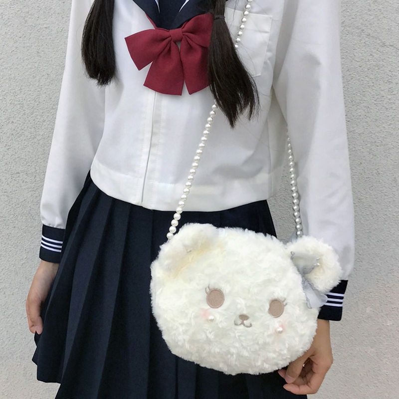 Soft girl Lolita Doll Bag Plush Bear head messenger bag cute girl Plush bag Lolita pearl chain bear bag