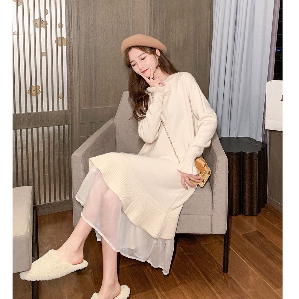 Thickened breastfeeding clothes go out mid-length sweater over the knee postpartum nursing clothes autumn and winter new loose knitted dress