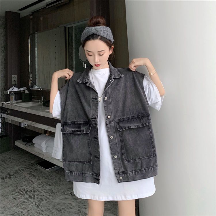 Sleeveless vest denim jacket women's spring autumn winter Korean version loose large size fat mm short jacket outerwear waistcoat top