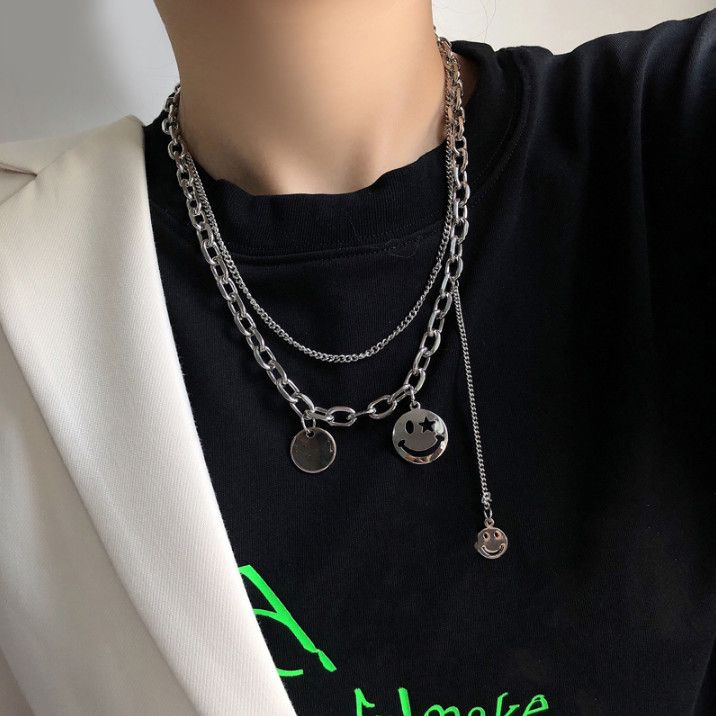 Net red ins tide titanium steel chain smiling face Necklace women simple fold personality pendant hip hop retro clavicle chain