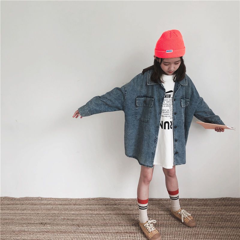 Girls' denim shirt long middle school children's loose foreign style Korean student top spring and autumn new long sleeve children's coat