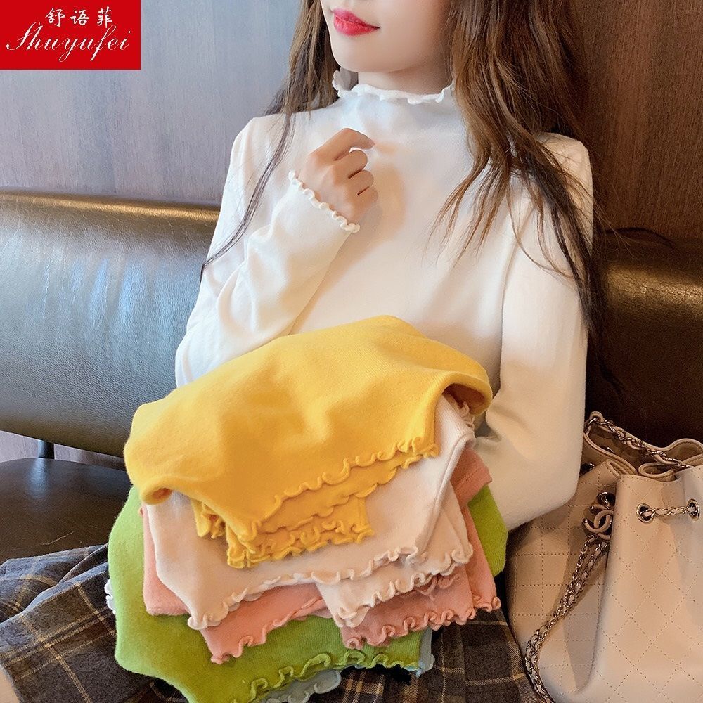 Plush / no fleece] new style top with wooden ear edge, half high collar, slim fitting and bottoming shirt, long sleeve T-shirt for women