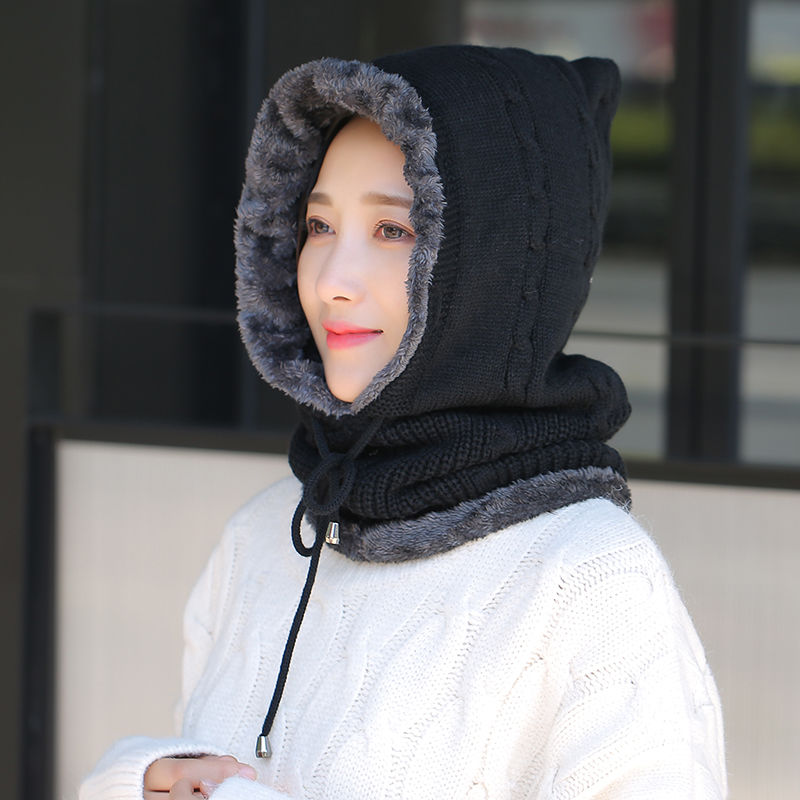 Hat women's winter all-match plus velvet warm woolen knitted hat women's autumn and winter cycling windproof cap scarf integrated cap