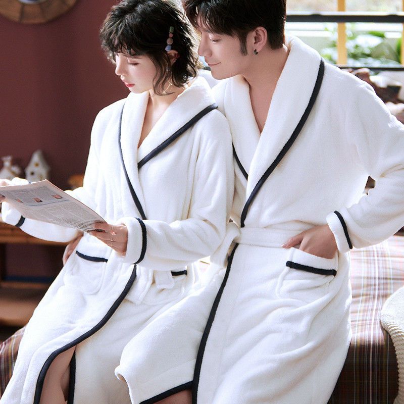 Nightgown women autumn and winter couple set men's flannel pajamas coral velvet medium length thickened bathrobe household clothes