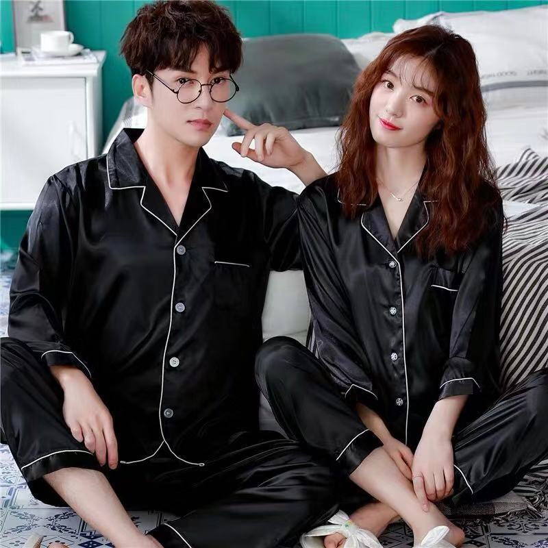 New pajamas women's autumn and winter long sleeve trousers imitation silk men's home wear large size couple two piece suit sexy