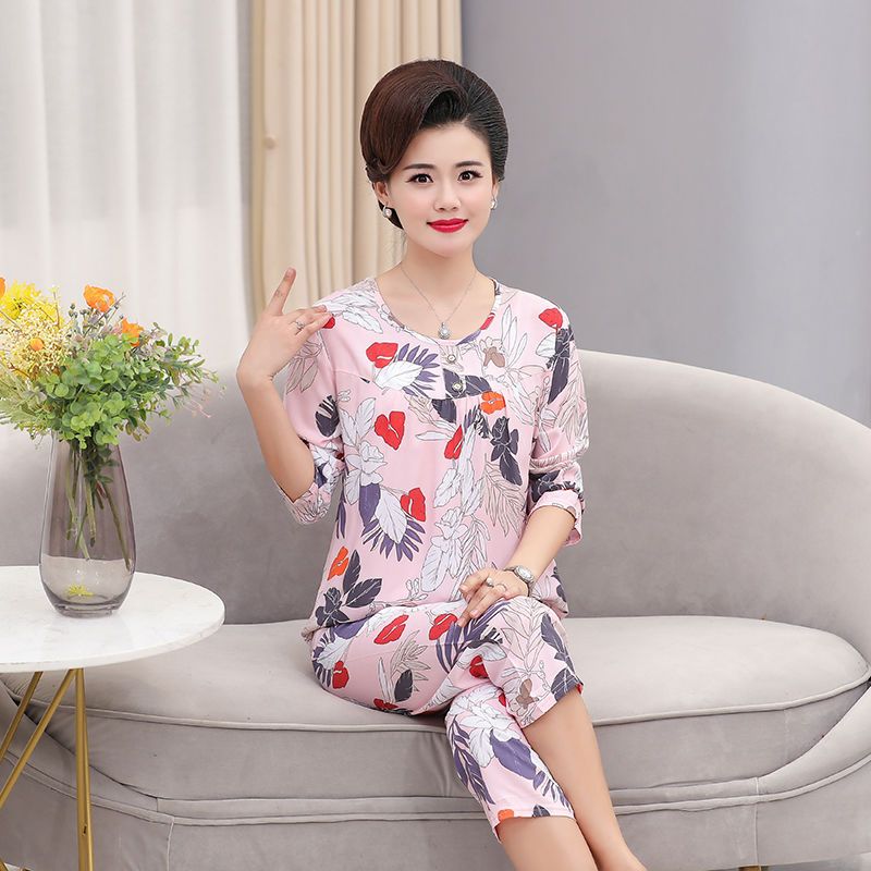 Mother wear spring and autumn long-sleeved trousers cotton silk suit home service middle-aged and elderly ladies man-made cotton pajamas two-piece set