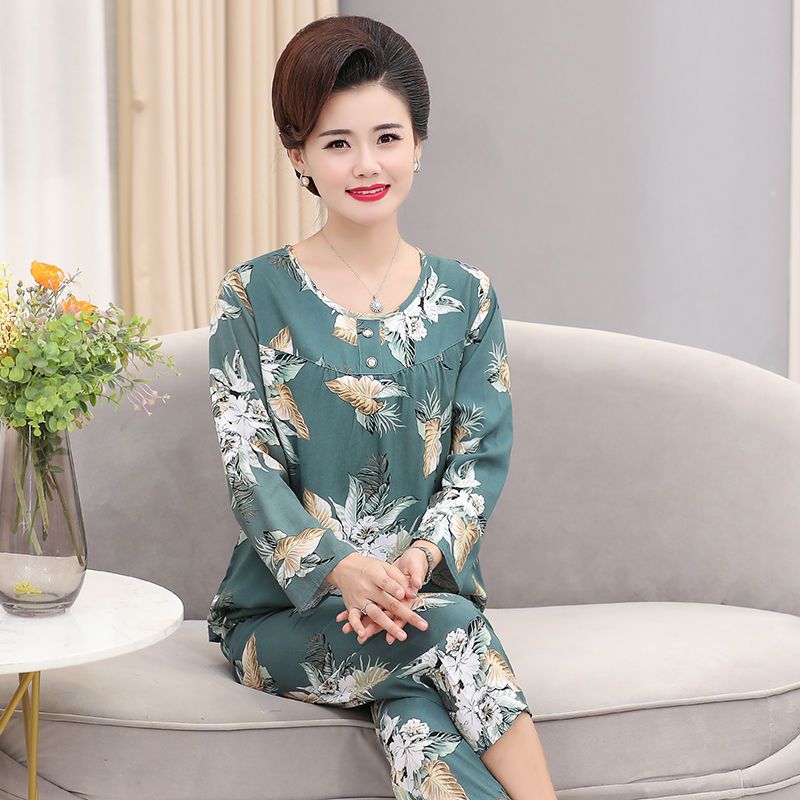 Mother wear spring and autumn long-sleeved trousers cotton silk suit home service middle-aged and elderly ladies man-made cotton pajamas two-piece set