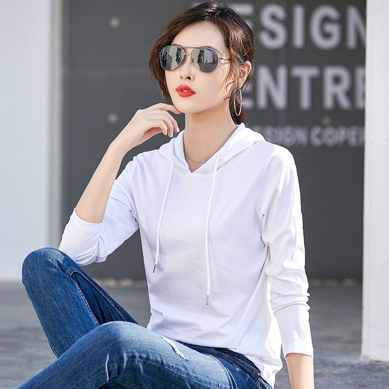 Mercerized cotton hooded sweater women's long-sleeved t-shirt women's spring and autumn thin section pure cotton hooded bottoming shirt fashion autumn clothing trend
