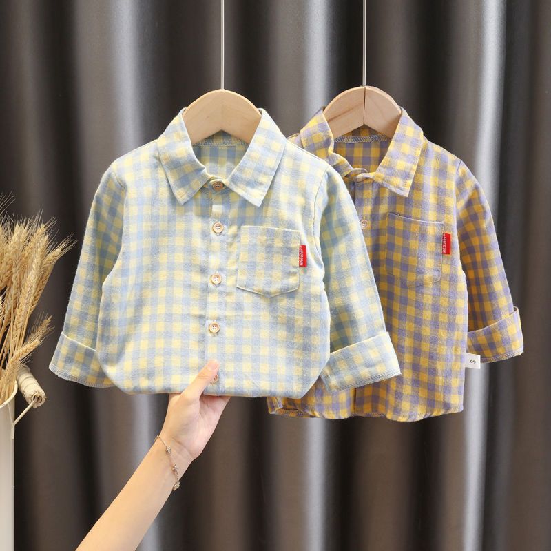 男童长袖衬衫2022新款婴儿童格子衬衣恐龙童装宝宝洋气翻领上衣潮