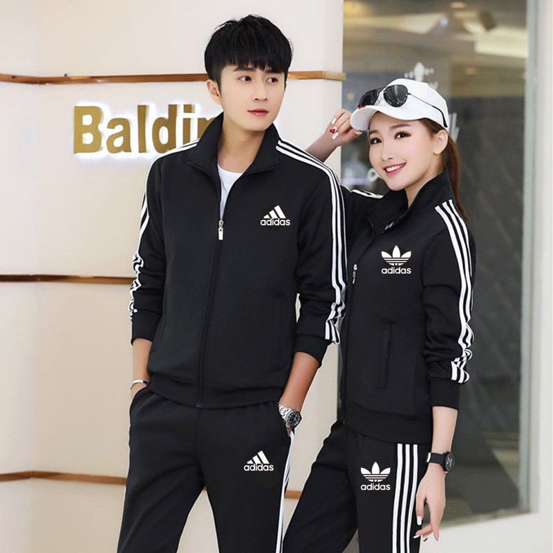 ADI three bar lovers sports suit men's and women's sportswear spring and autumn Korean large size slim running clothes