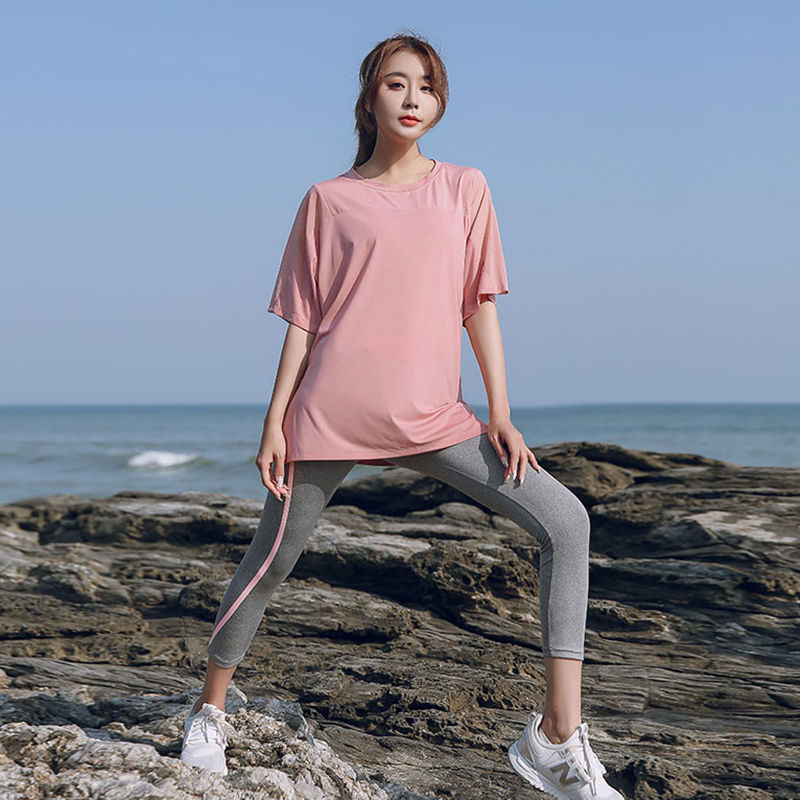 Yoga clothes, women's fitness clothes, quick-drying clothes, loose belly-covering slimming tops, T-shirts, short-sleeved exercise running clothes, breathable