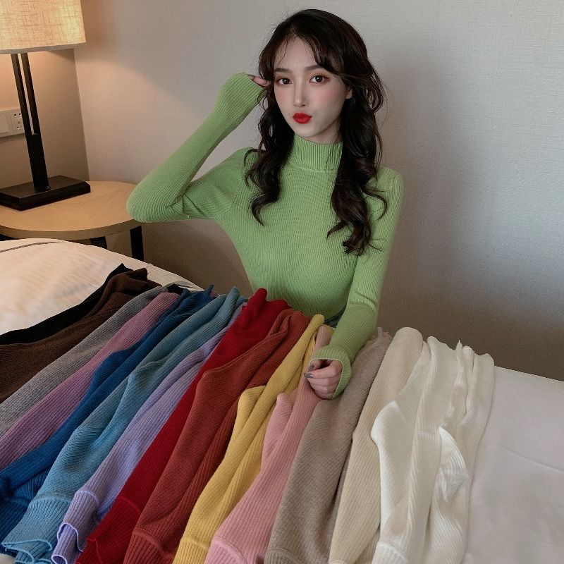 Autumn semi-turtle collar slim long-sleeved knitted bottoming 2024 new shirt women's black pullover sweater gentle top