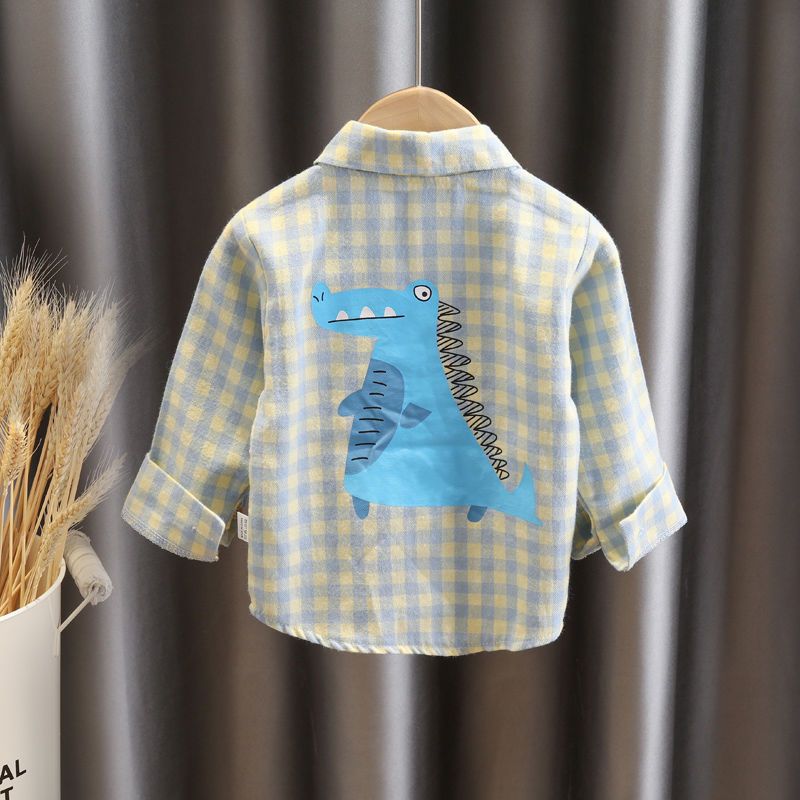 男童长袖衬衫2022新款婴儿童格子衬衣恐龙童装宝宝洋气翻领上衣潮