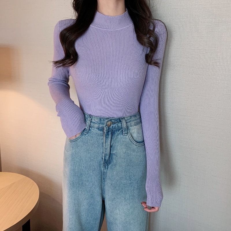 Autumn semi-turtle collar slim long-sleeved knitted bottoming 2024 new shirt women's black pullover sweater gentle top