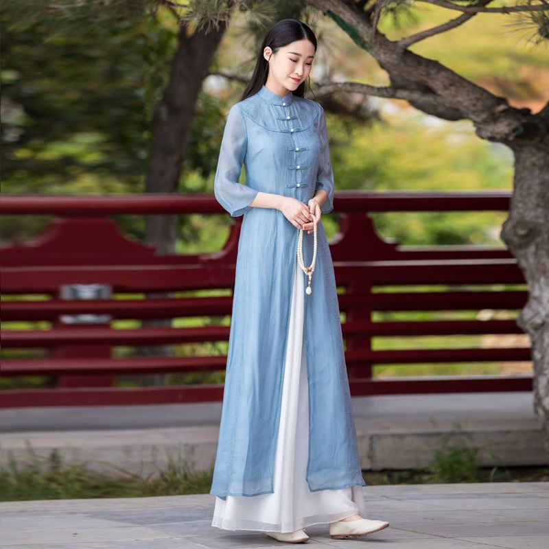 单/两件套 春秋新款茶服改良汉服女复古显瘦旗袍连衣裙阔腿裤套装