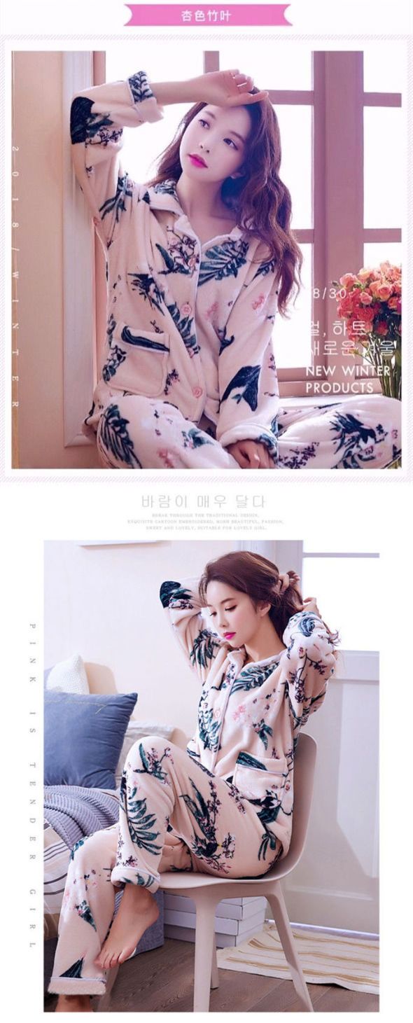 睡衣女秋冬季加厚绒法兰绒珊瑚绒家居服韩版玫瑰气质开衫套装大码