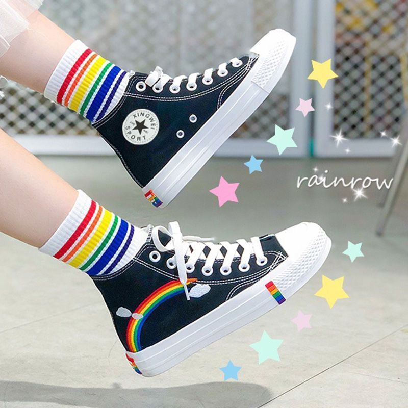 彩虹涂鸦高帮帆布鞋女2020新款韩版网红ins潮百搭学生小白鞋秋季-领券